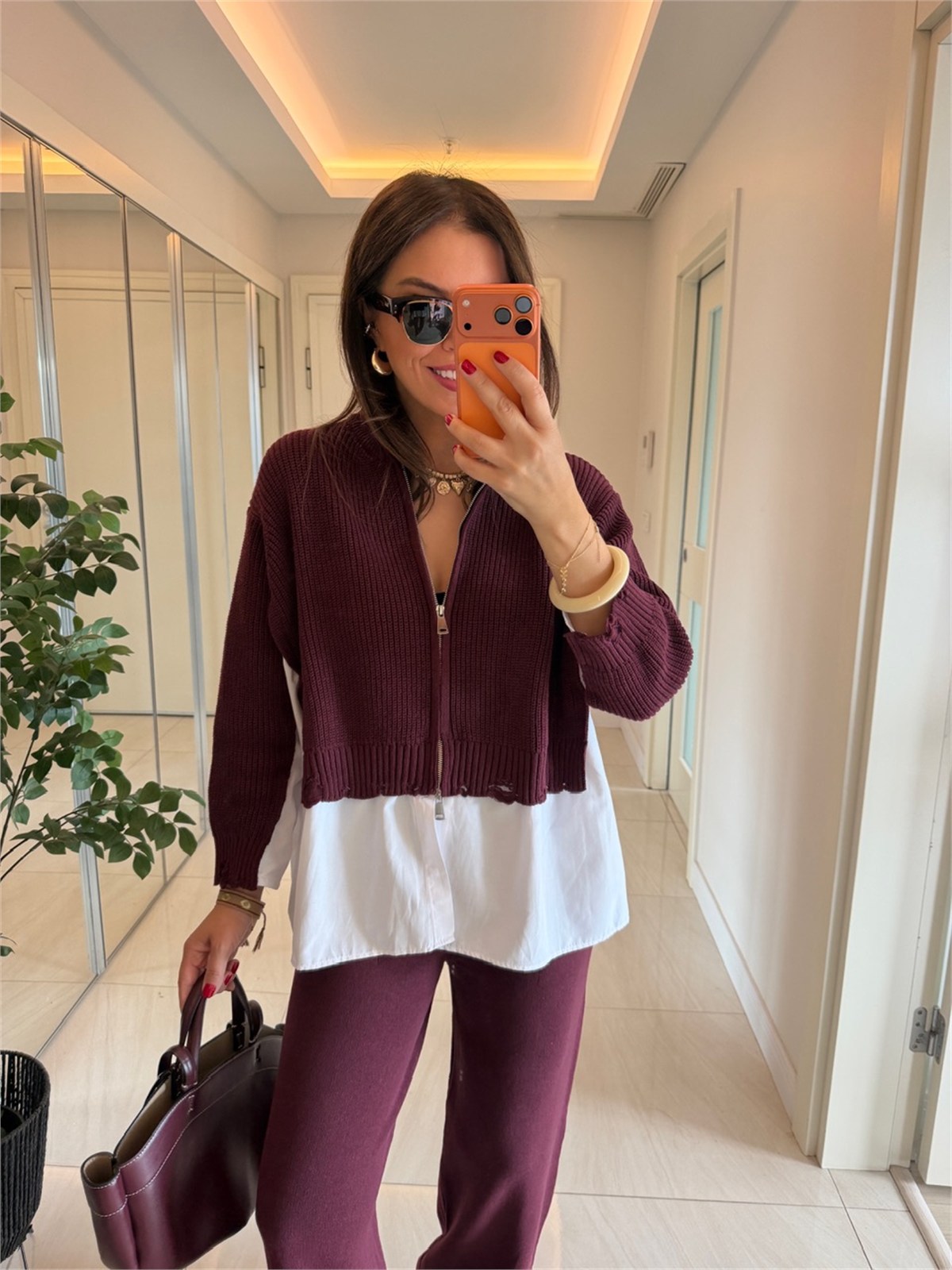 Poplin Detaylı Çift Fermuarlı Triko Takım-Bordo