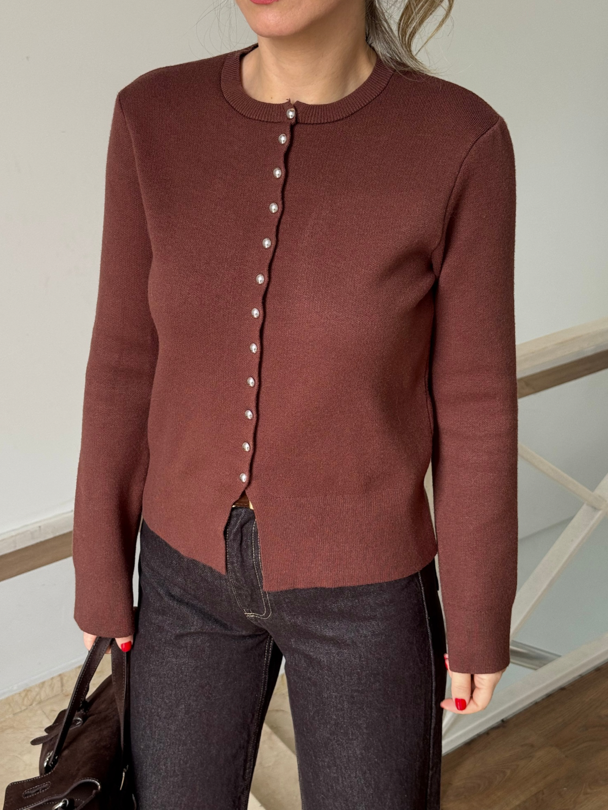 Bisiklet Yaka Düğmeli Triko Hırka - Kahverengi