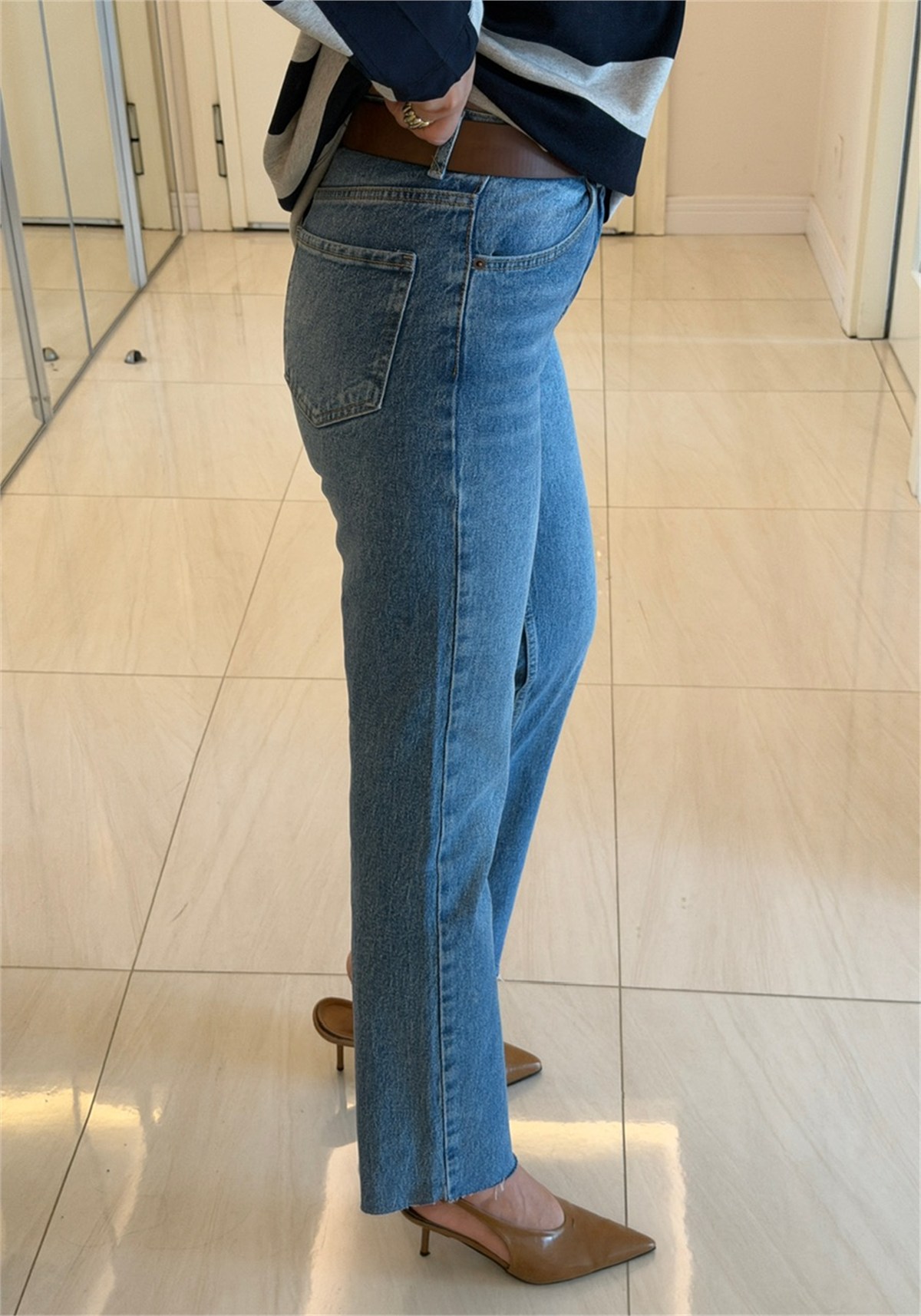 Likralı Kesik Paça Boyfit Jean-Mavi