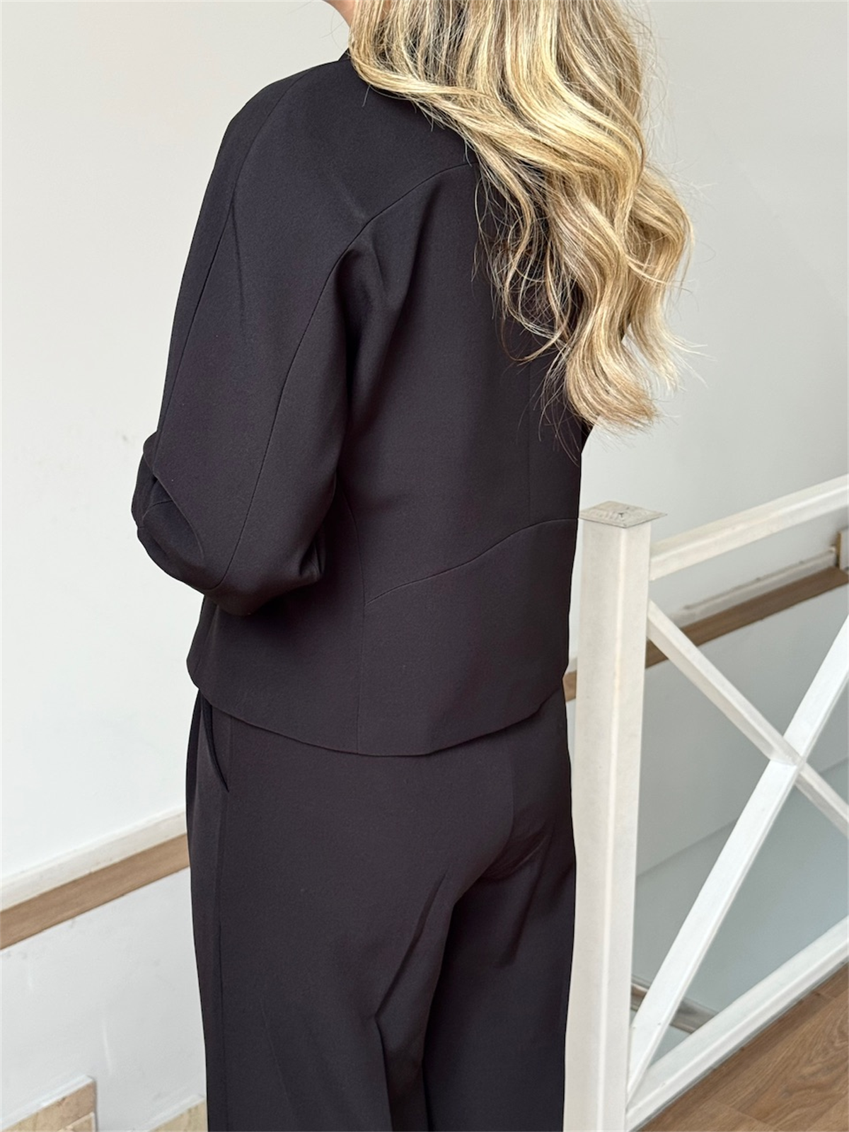 Kruvaze Yaka Kısa Pantolon Ceket - Siyah