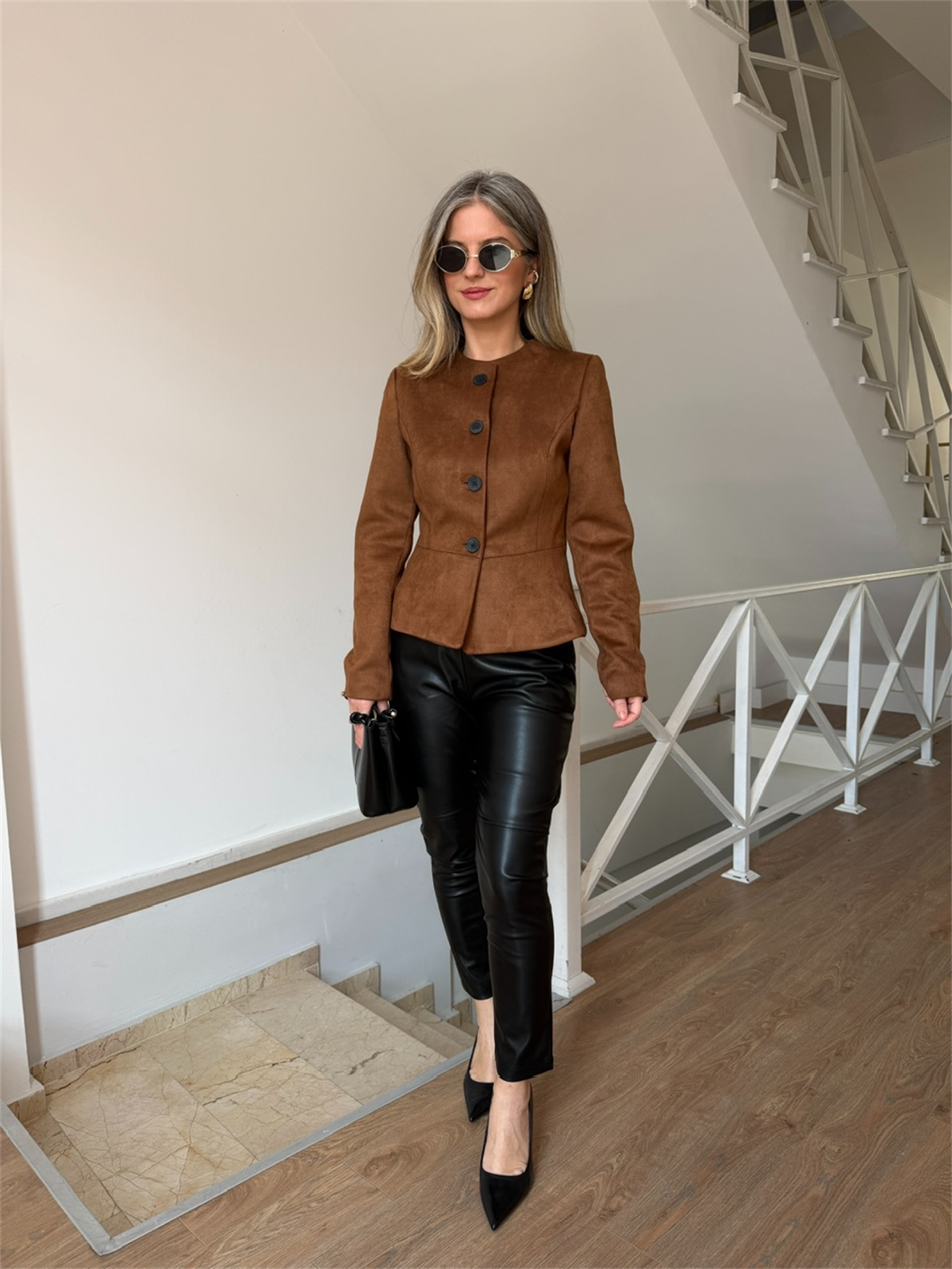 Önü Düğmeli Premium Süet Ceket - Camel