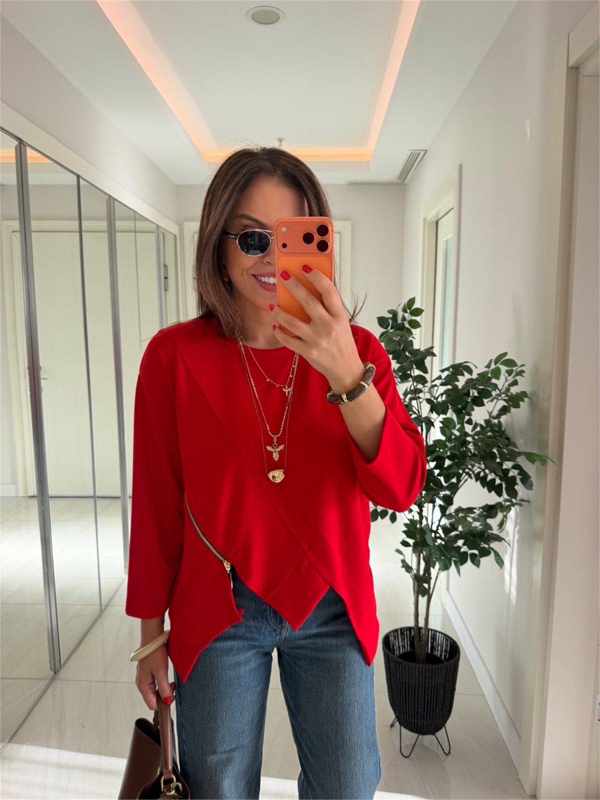 Fermuar Detaylı Modal Sweatshirt-Kırmızı