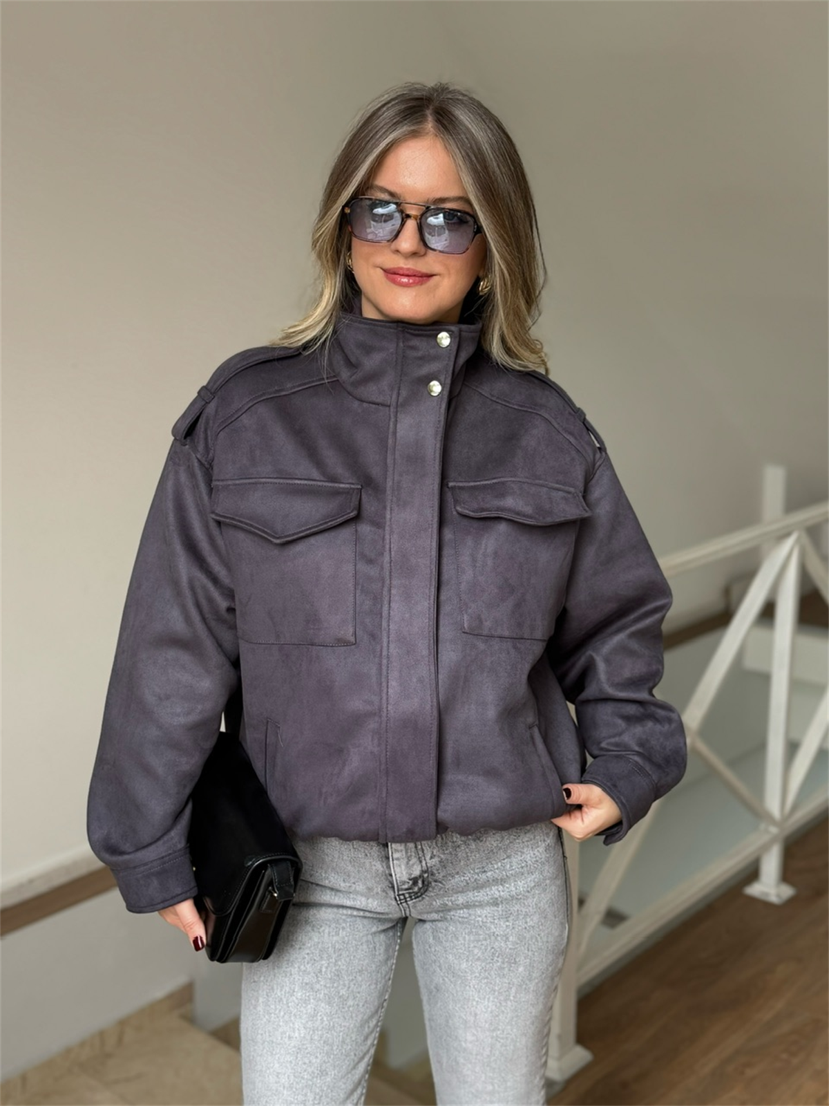 Beli Lastikli Cepli Bomber Süet Ceket - Antrasit 