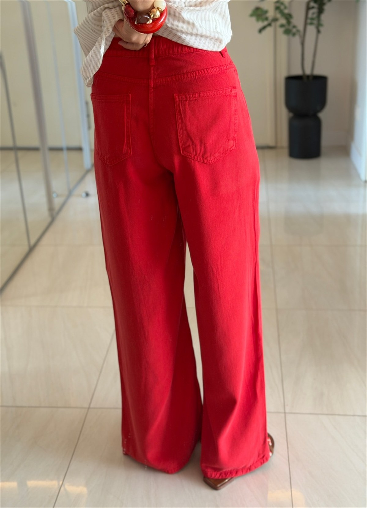 Premium Tensel Palazzo Denim Pantolon - Kırmızı