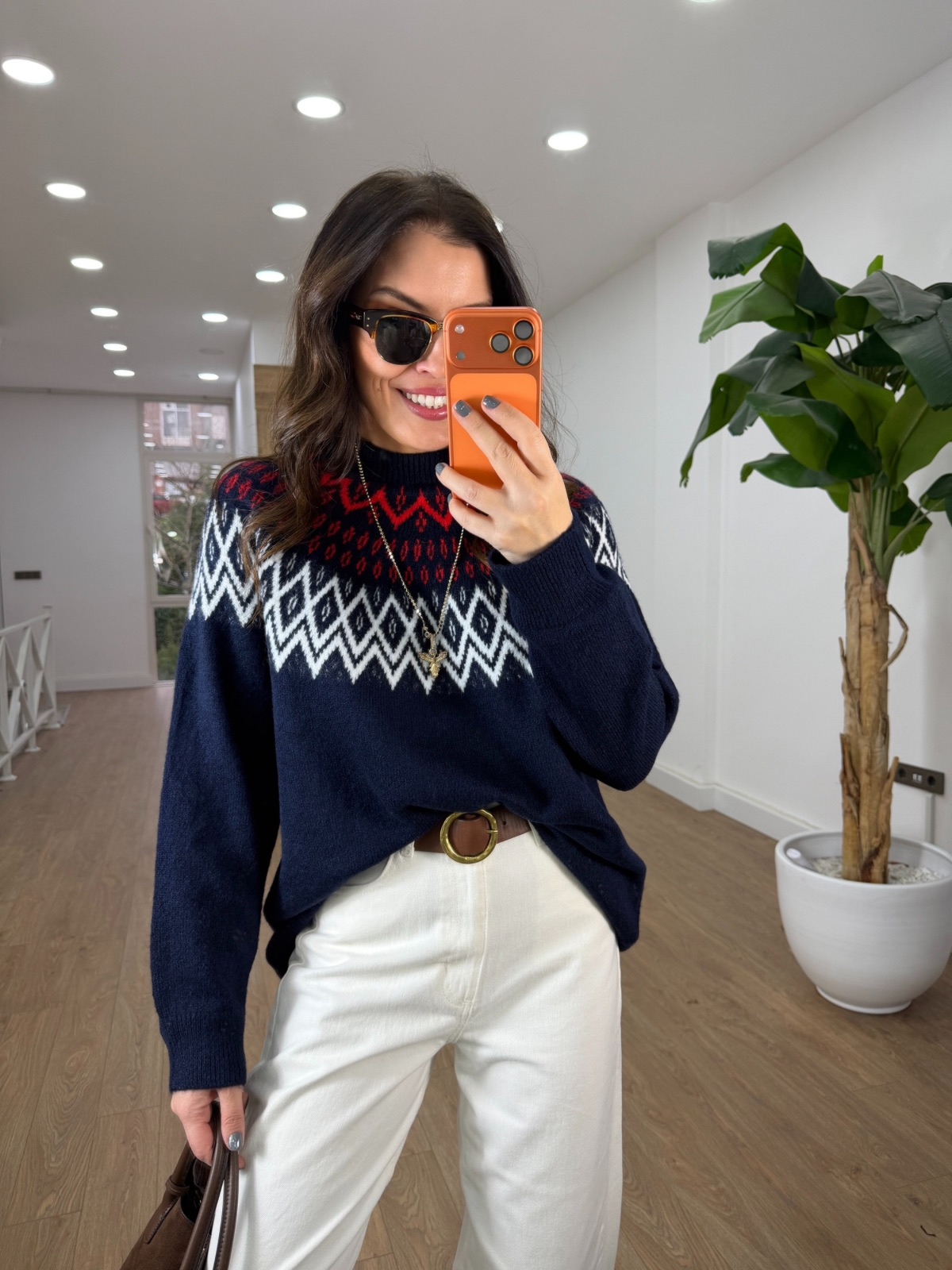 Bisiklet Yaka Etnik Desenli Kazak - Lacivert