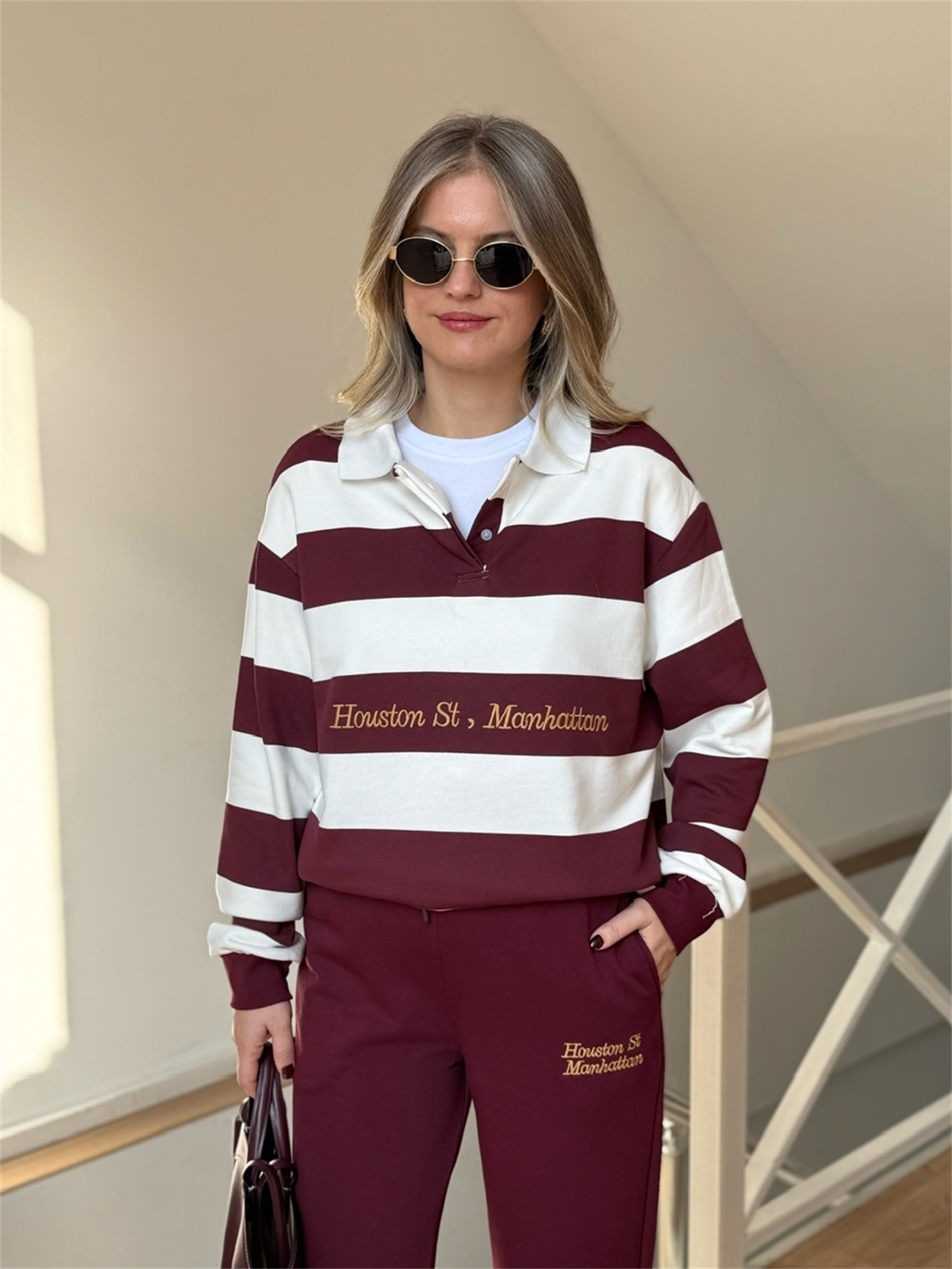 Çizgili Sweatshirt Eşofman Takım - Bordo
