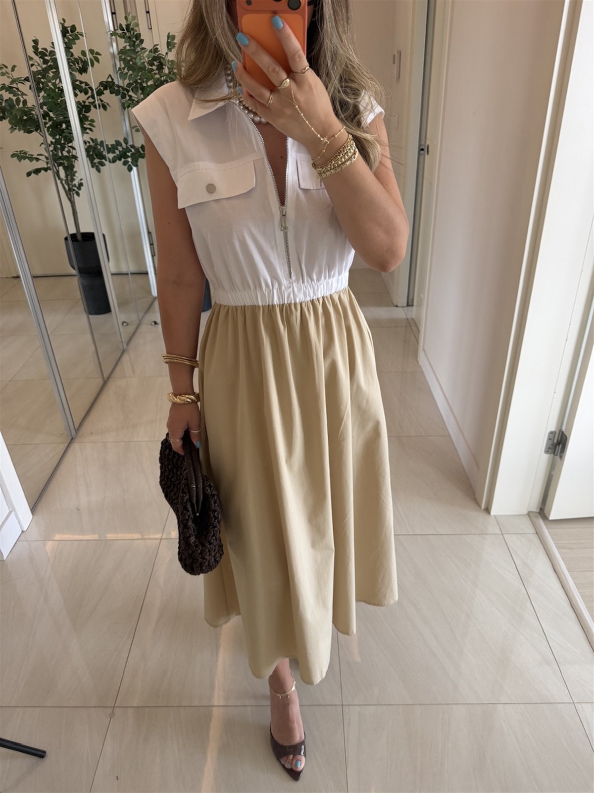 Beli Lastikli Cepli Poplin Elbise-Bej