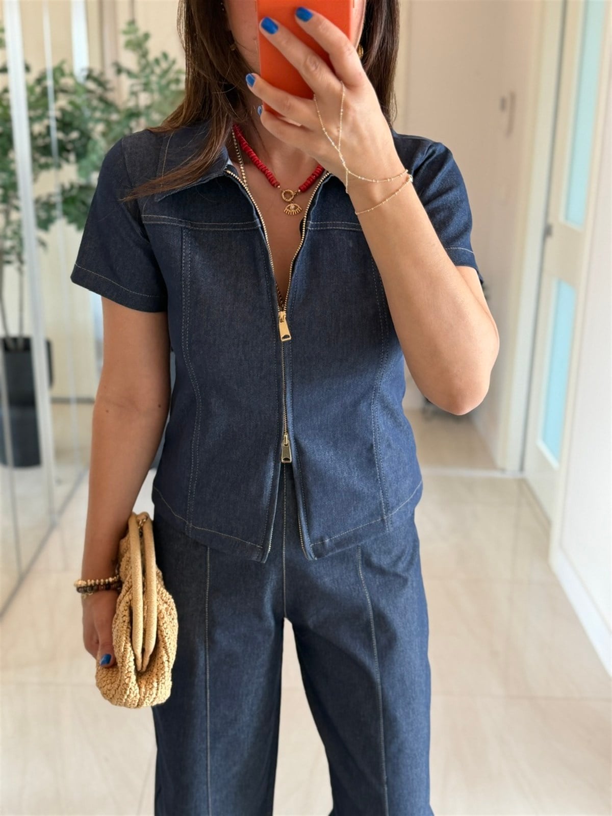 Çift Fermuarlı Likralı Denim Gömlek - Mavi