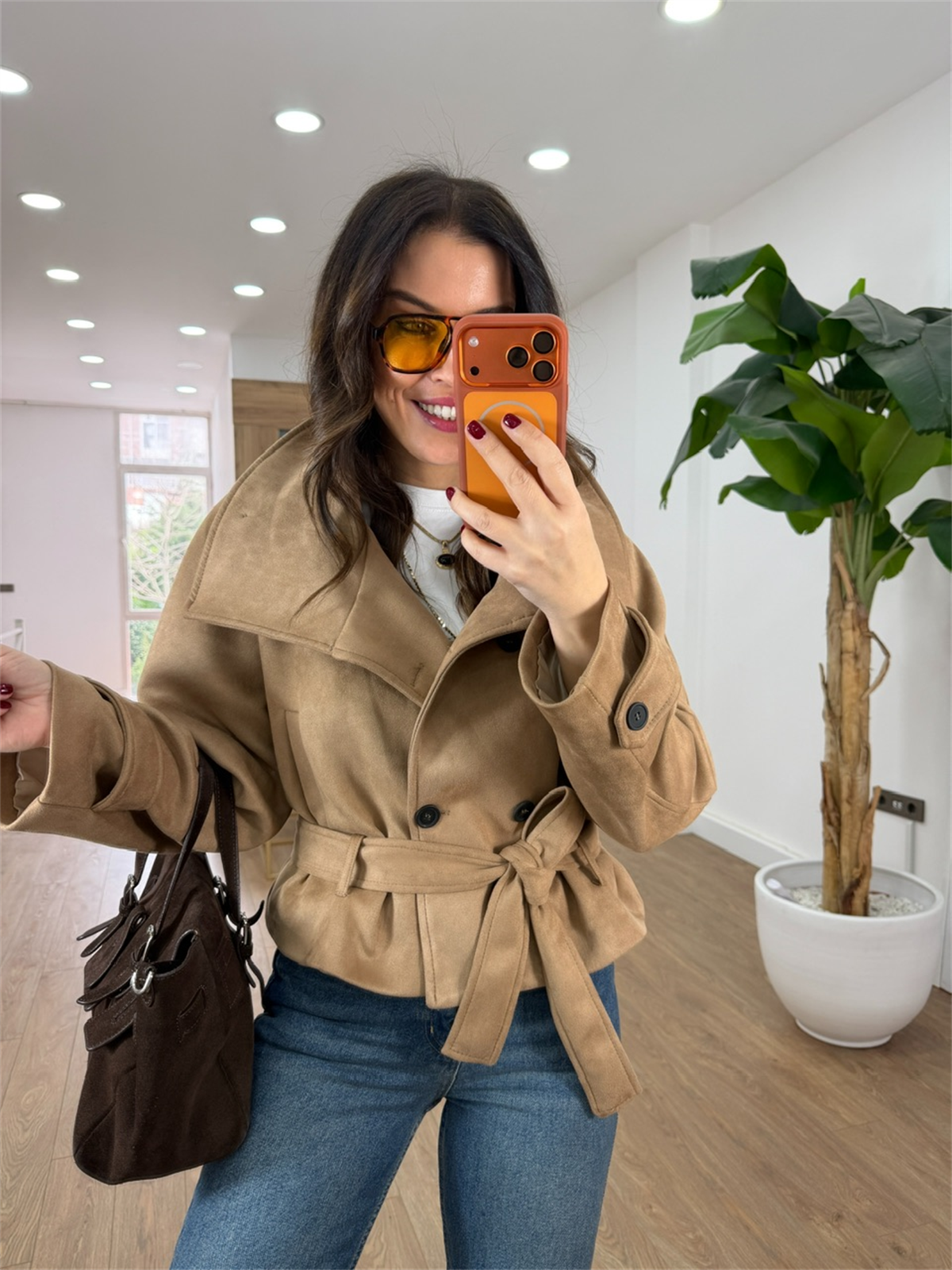 Dik Yaka Kuşaklı Süet Ceket - Sütlü Kahve  