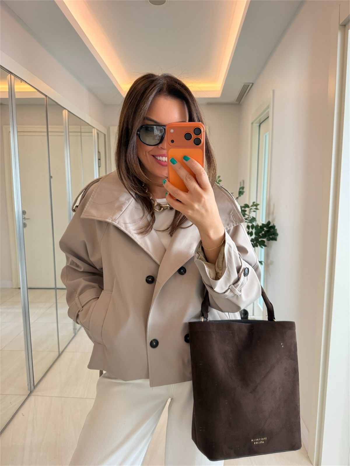 Orijinal Marka Kuşaklı Astarlı Premium Trenç - Taş
