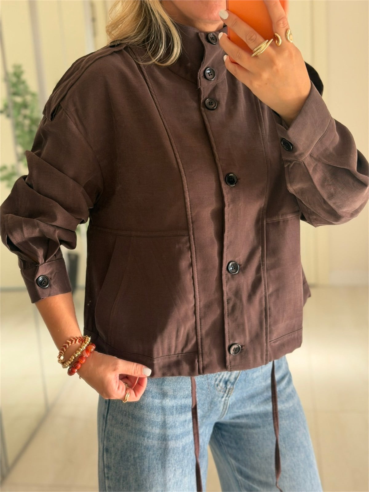 Dik Yaka Premium Tensel Ceket-Kahve