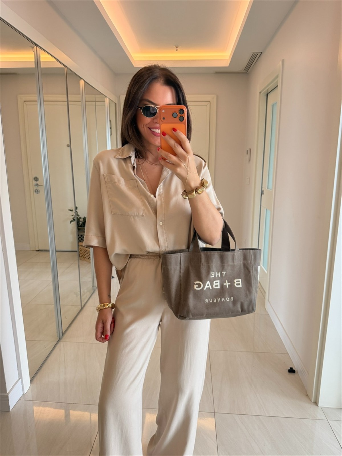 Yarım Kol Premium Tensel Denim Takım - Taş
