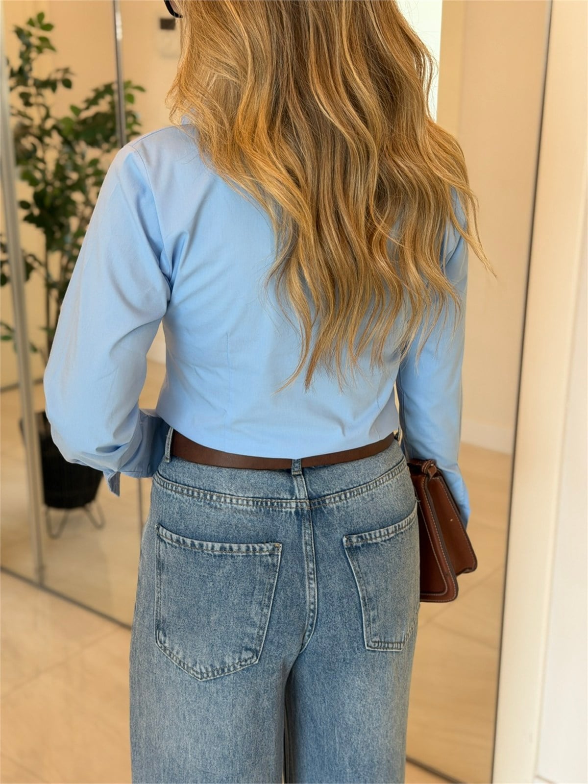 Pamuklu Manşetli Slim Fit Gömlek-Mavi