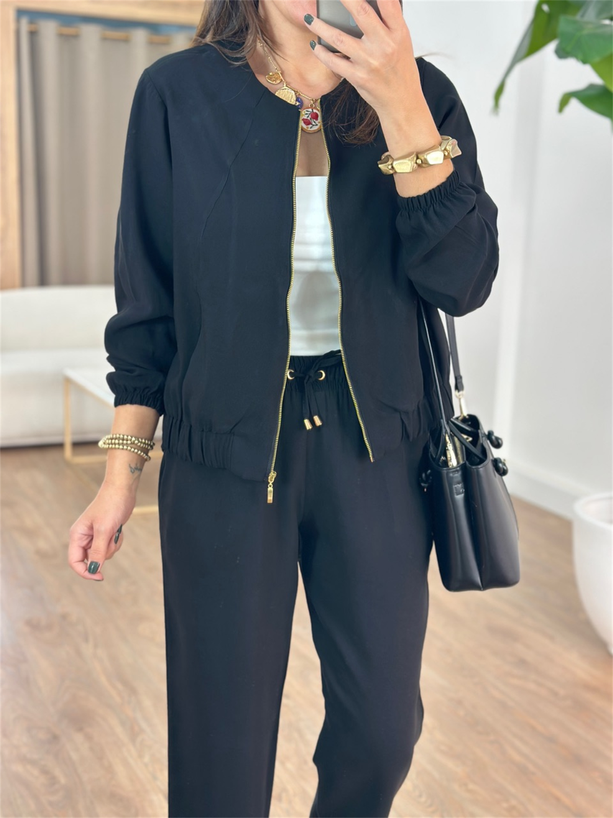 Fermuarlı Pantolon Ceket Takım - Siyah