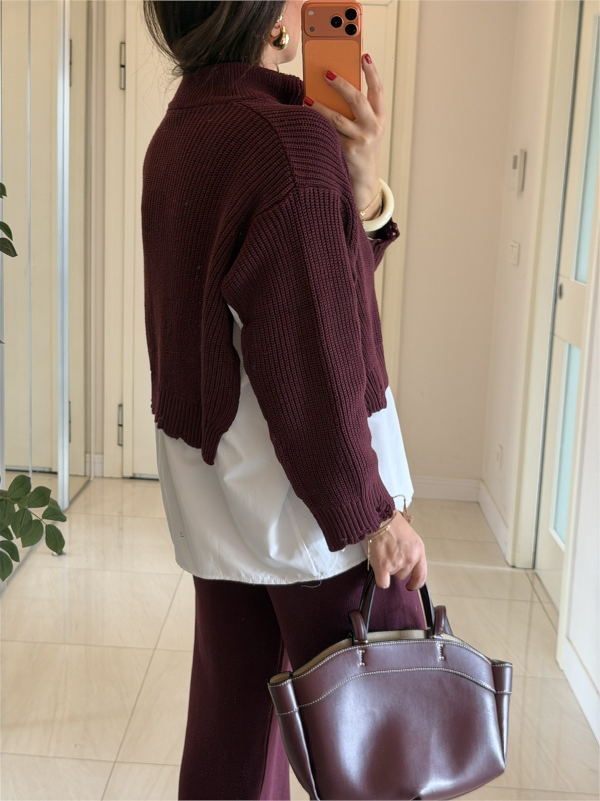 Poplin Detaylı Çift Fermuarlı Triko Takım-Bordo