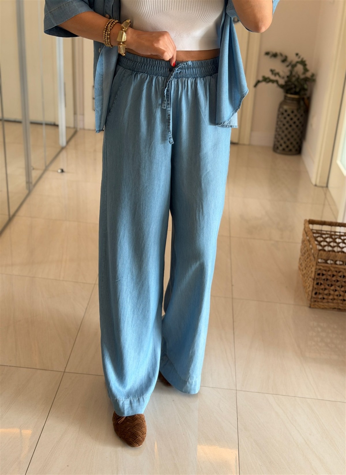 Yarım Kol Premium Tensel Denim Takım - Buz Mavisi