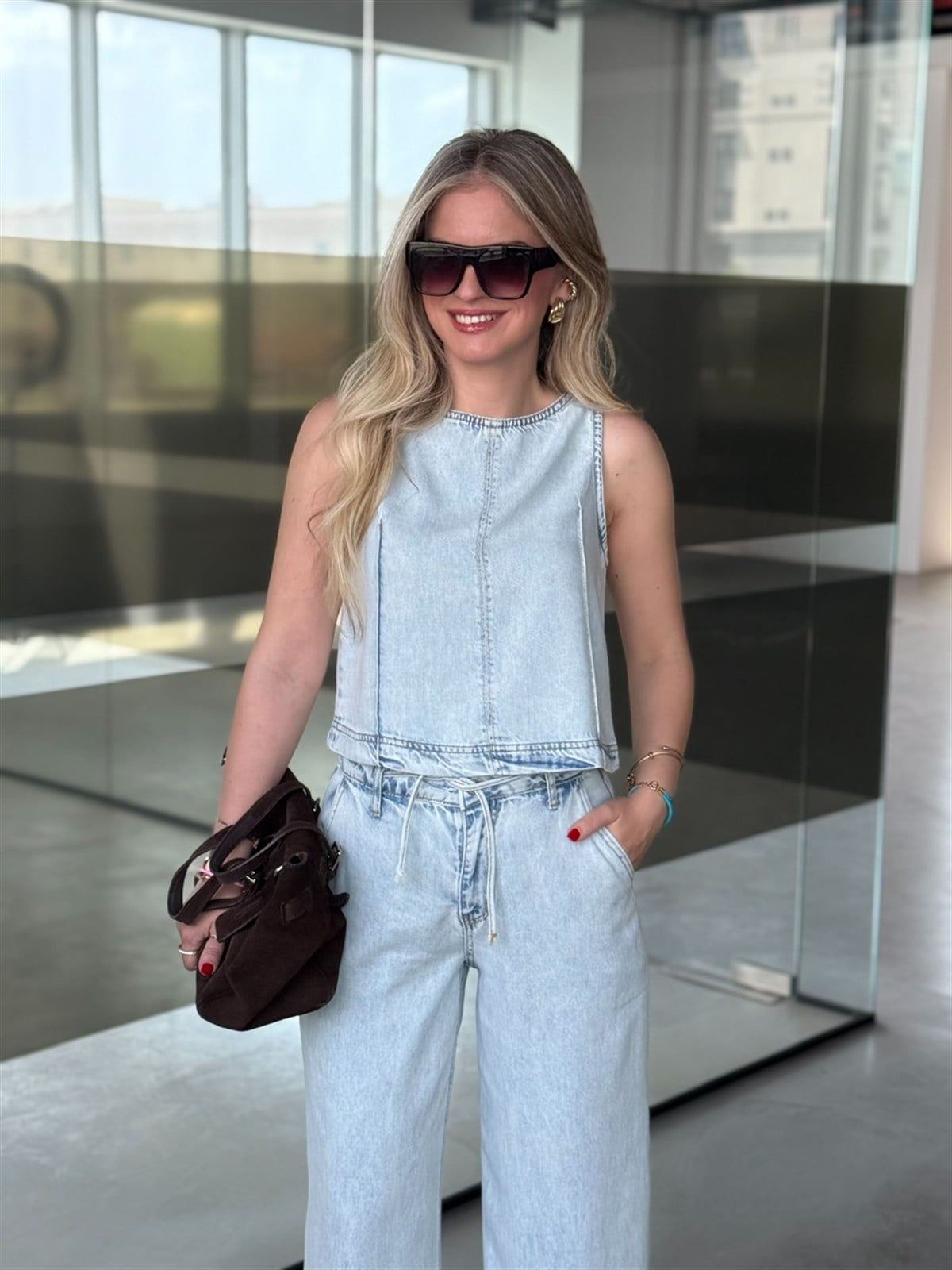 Tensel Denim Premium Bluz Pantolon Takım - Buz Mavisi
