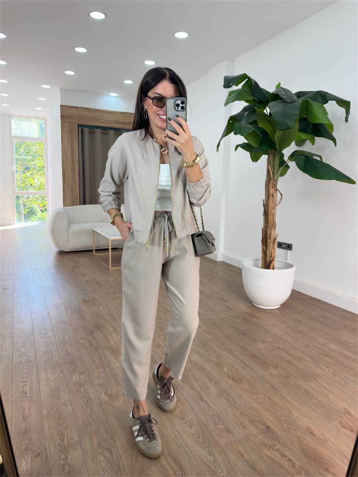 Fermuarlı Pantolon Ceket Takım - Taş