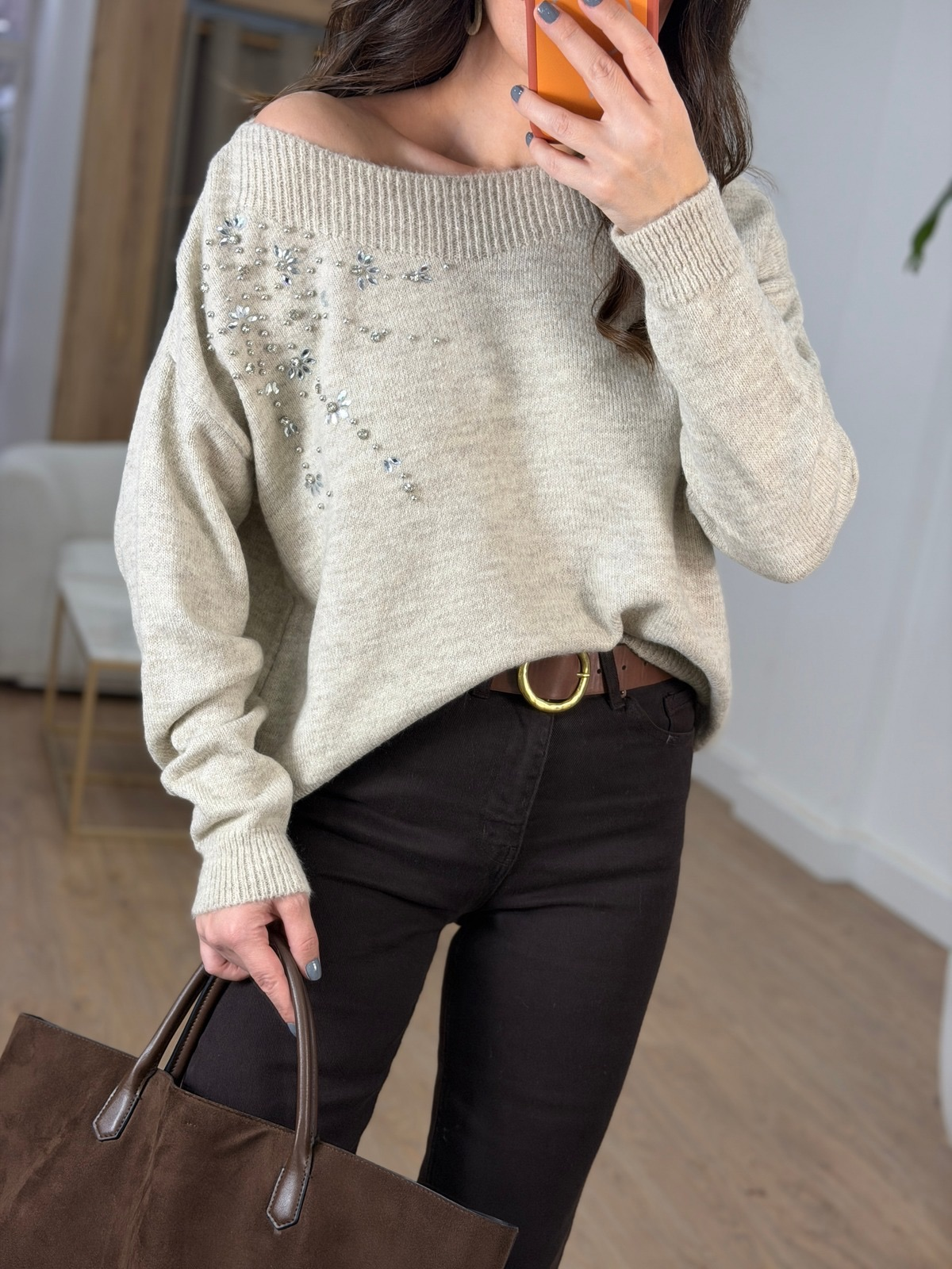 Omuzu Taşlı Triko Kazak - Açık bej