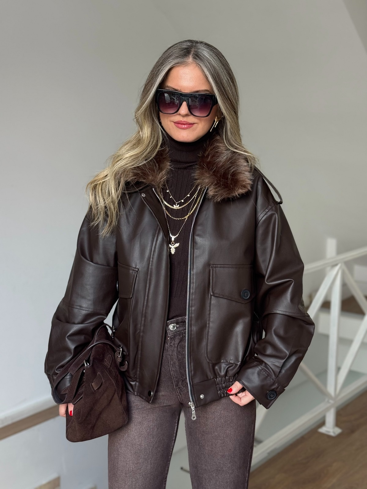 Yakası Kürklü Deri Bomber Ceket - Kahverengi