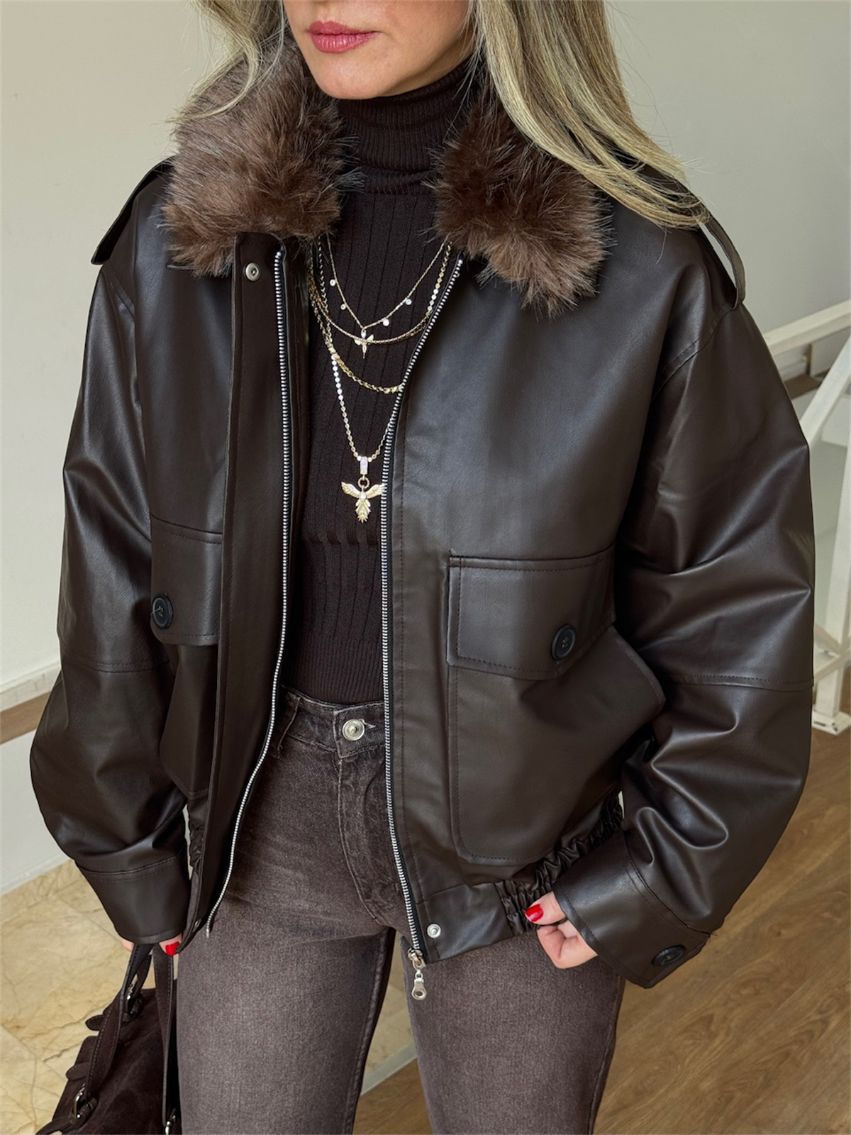 Yakası Kürklü Deri Bomber Ceket - Kahverengi