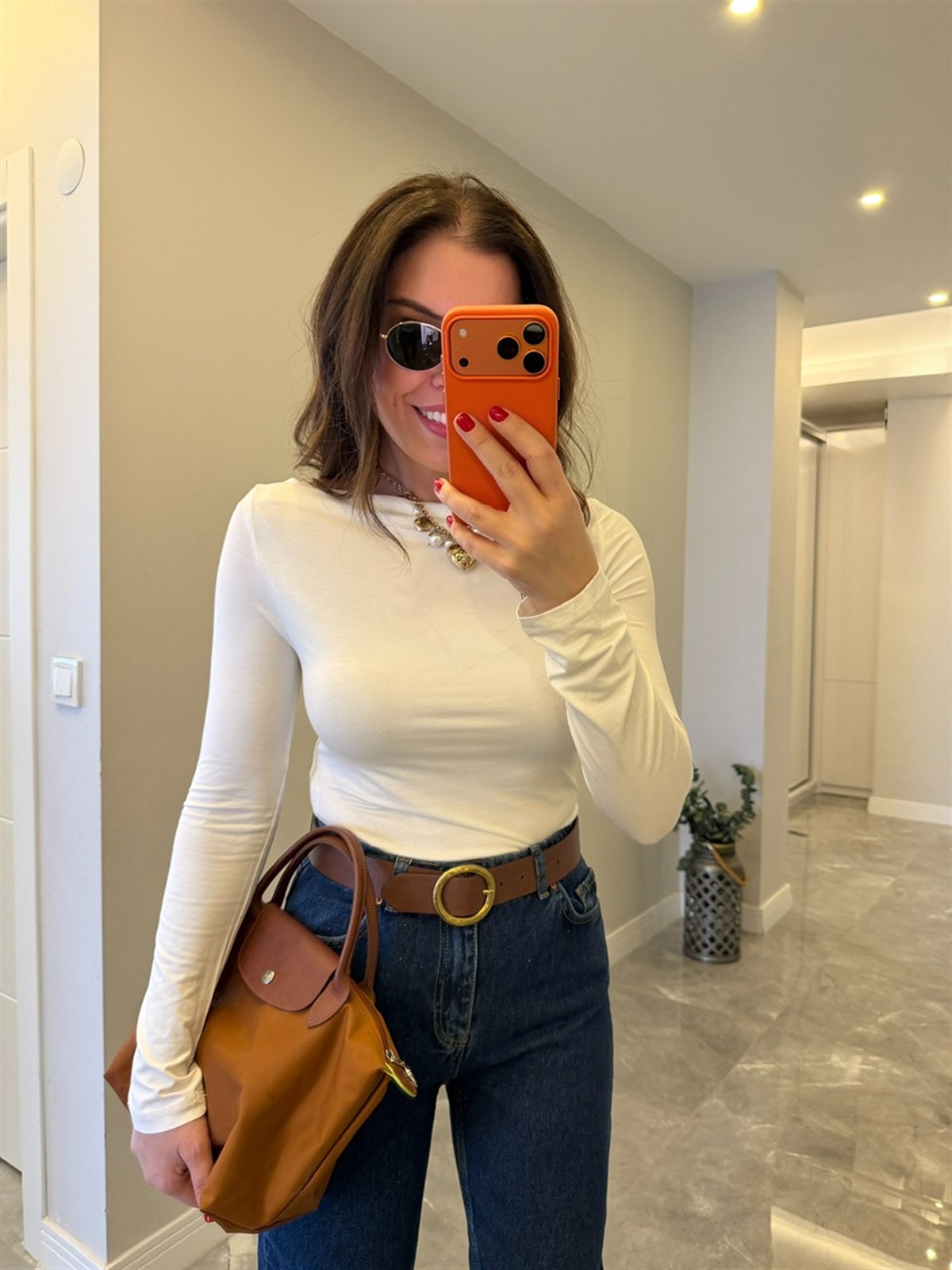 Dilvin Yanı Büzgülü Uzun Kol Basic - Beyaz