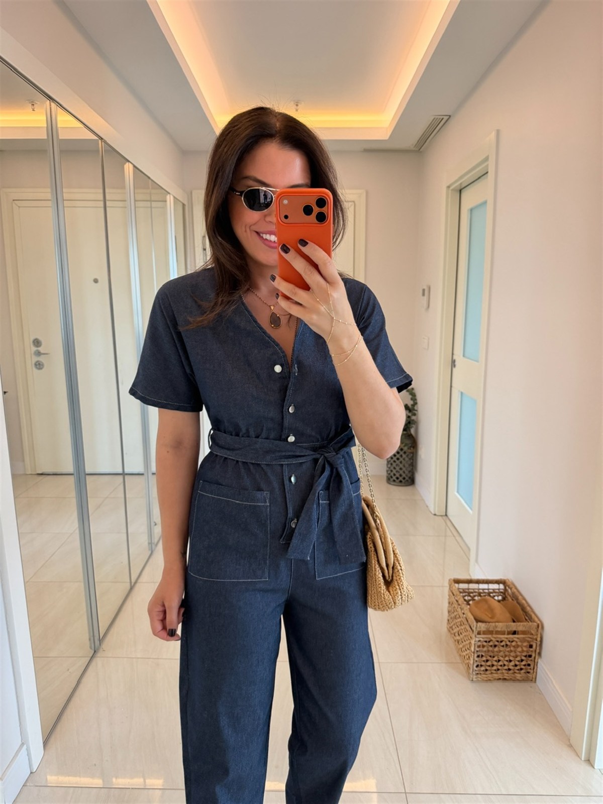 Beli Kuşaklı Likralı Denim Tulum