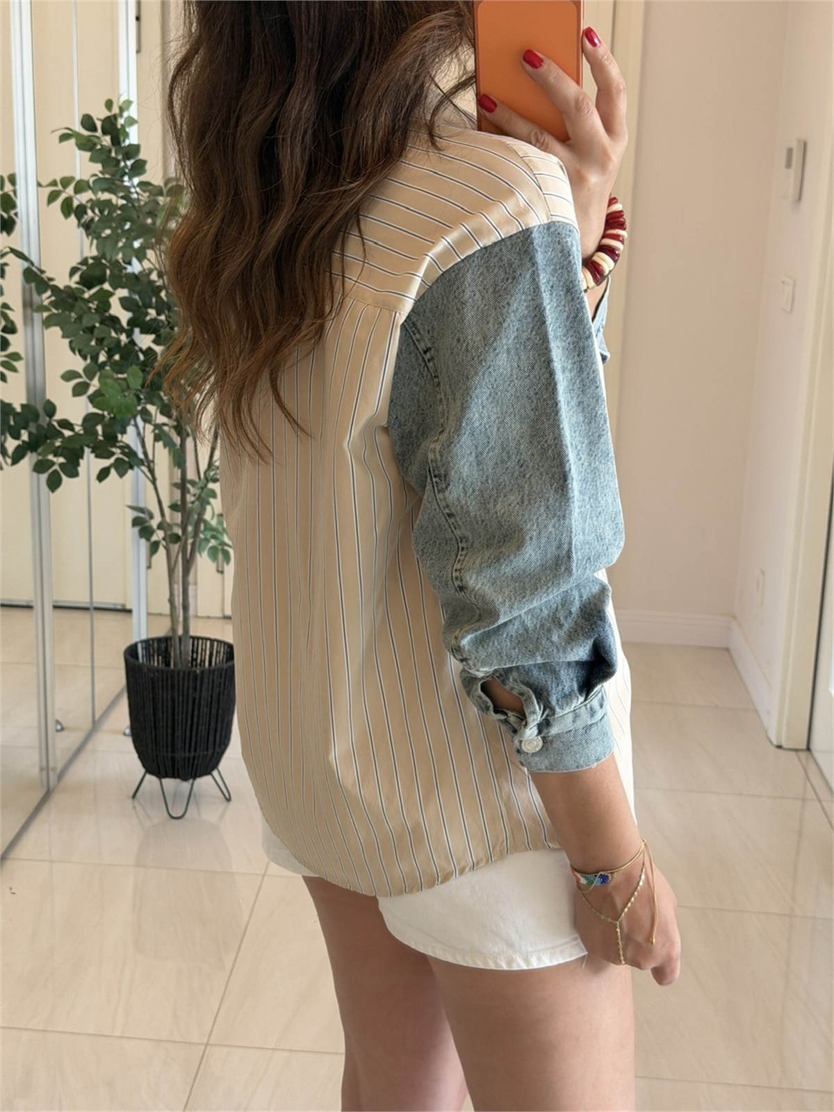 Çizgili Poplin Denim Mix Gömlek - Bej