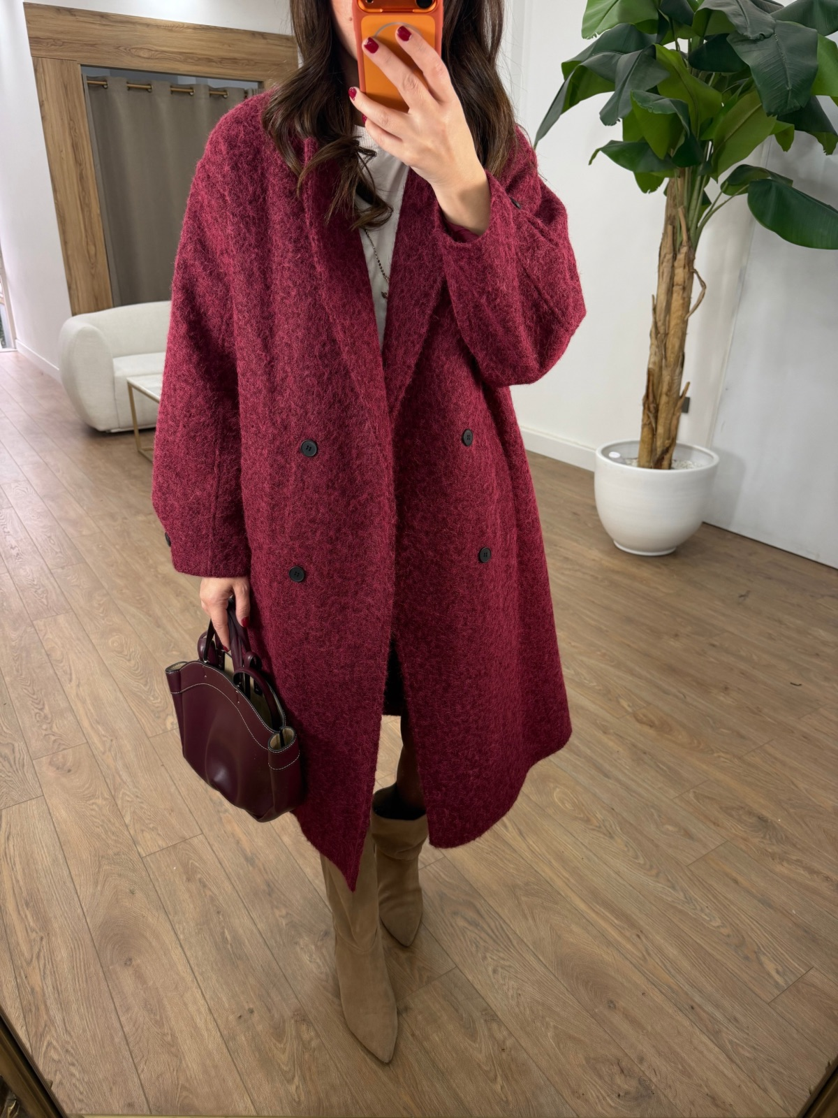 Premium Seri Kolu Düğmeli Buklet Kaban - Bordo