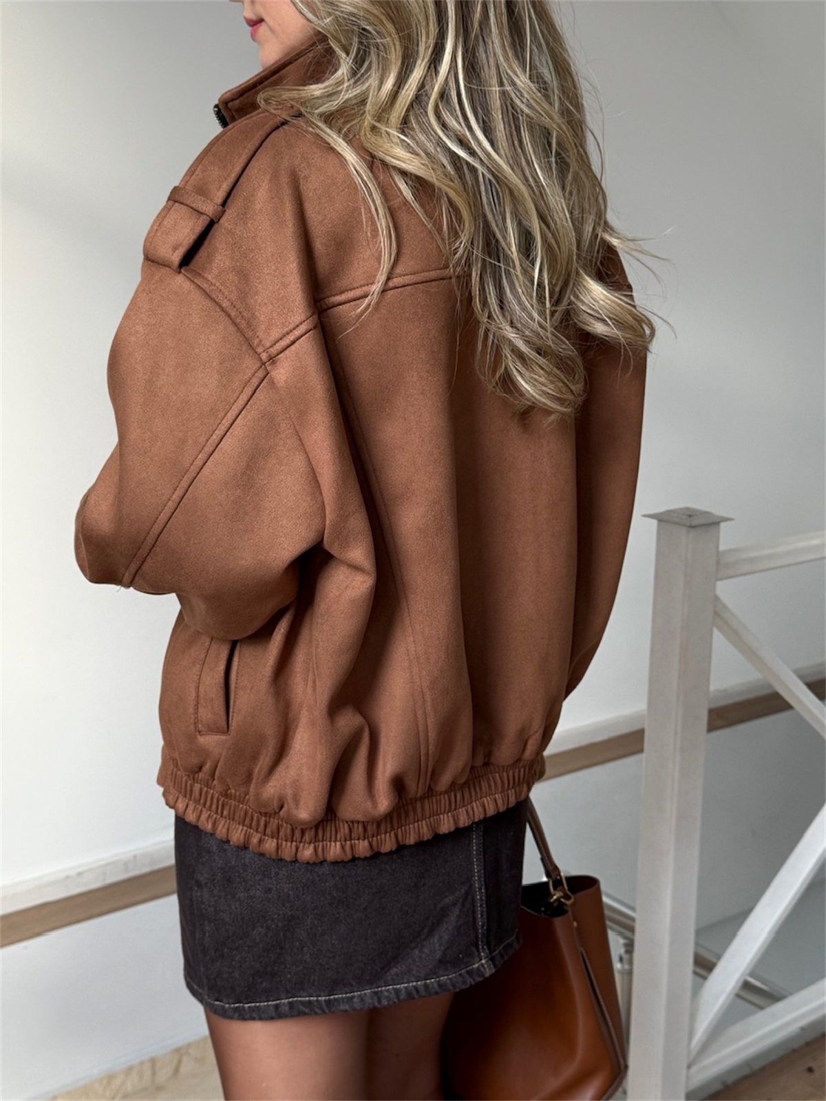 Beli Lastikli Cepli Bomber Süet Ceket - Kahverengi