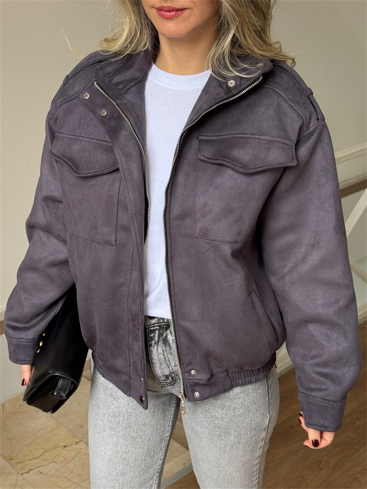 Beli Lastikli Cepli Bomber Süet Ceket - Antrasit 