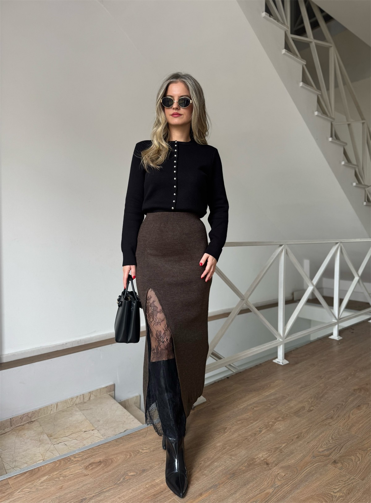 Dantel Detaylı Midi Triko Etek - Kahverengi