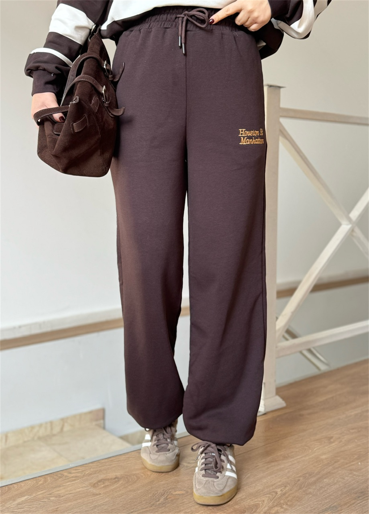 Çizgili Sweatshirt Eşofman Takım - Kahverengi