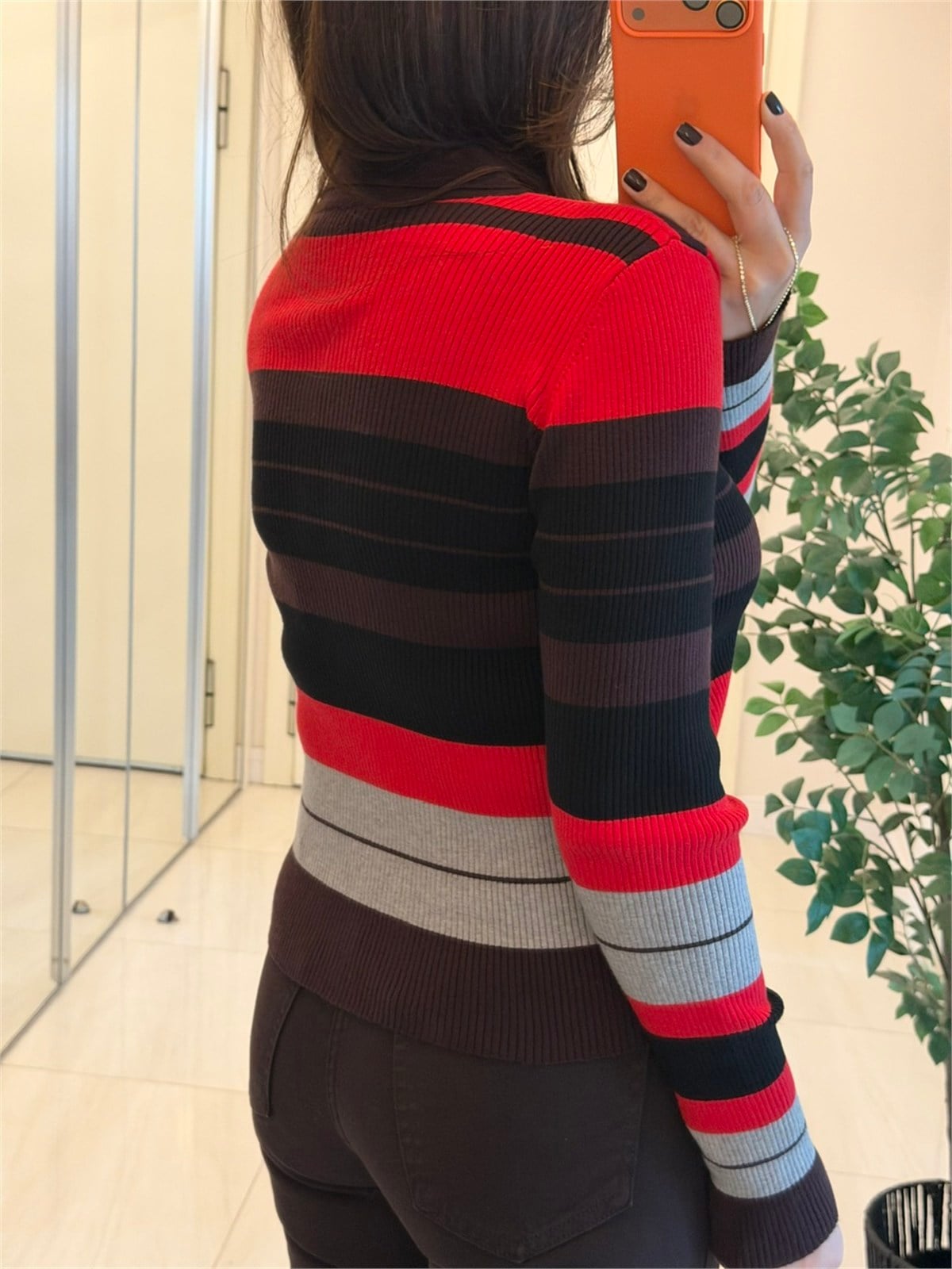 Kırmızı Kahve Gri Çizgili Polo Yaka Triko Hırka