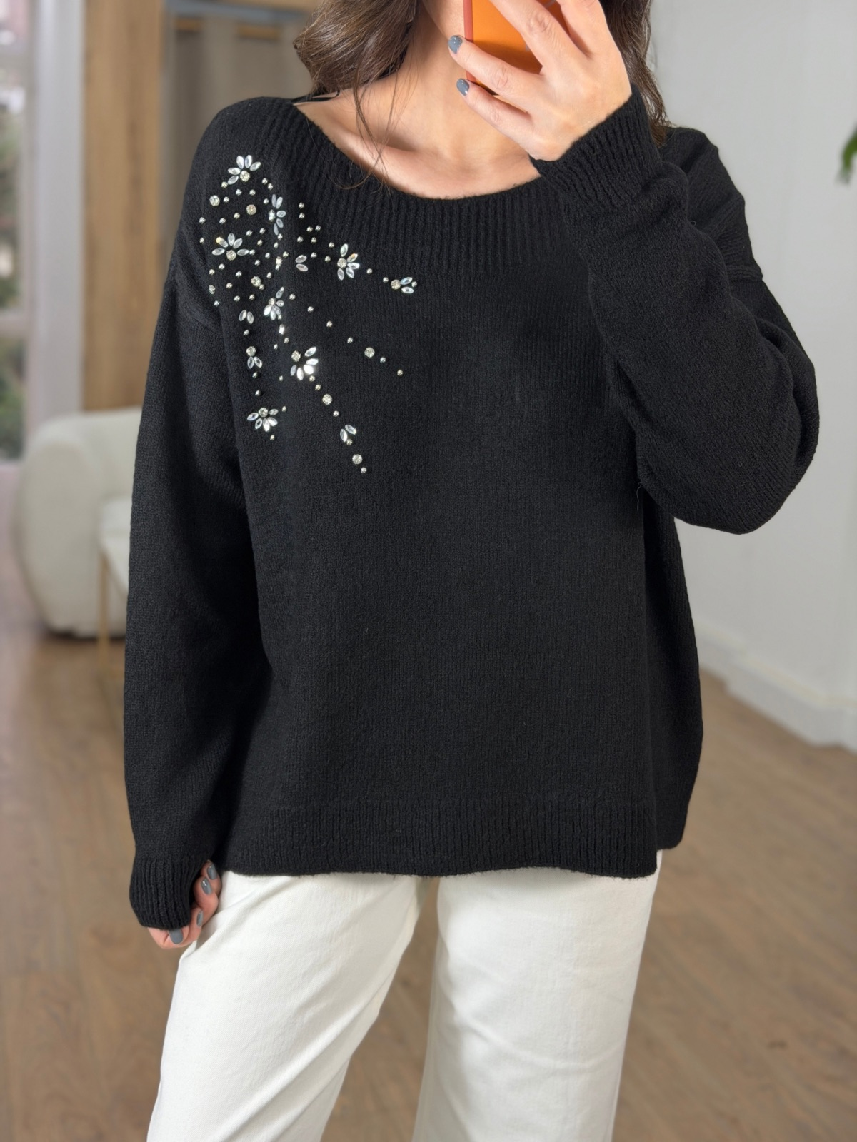 Omuzu Taşlı Triko Kazak - Siyah