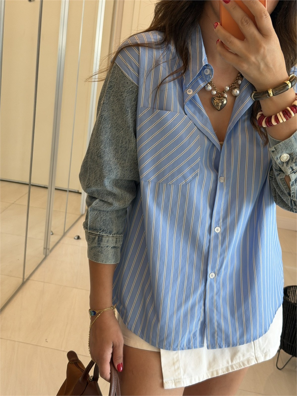Çizgili Poplin Denim Mix Gömlek - Mavi