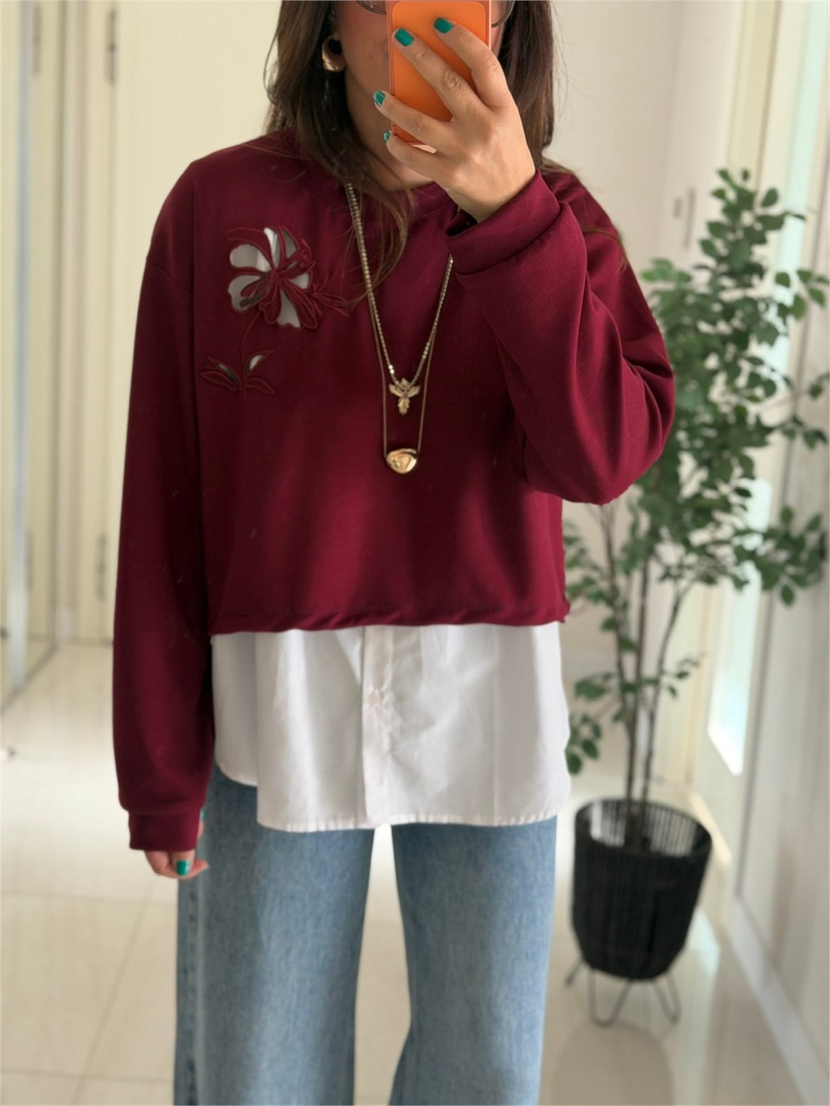 Orijinal Model Nakışlı Gömlekli Sweat - Bordo