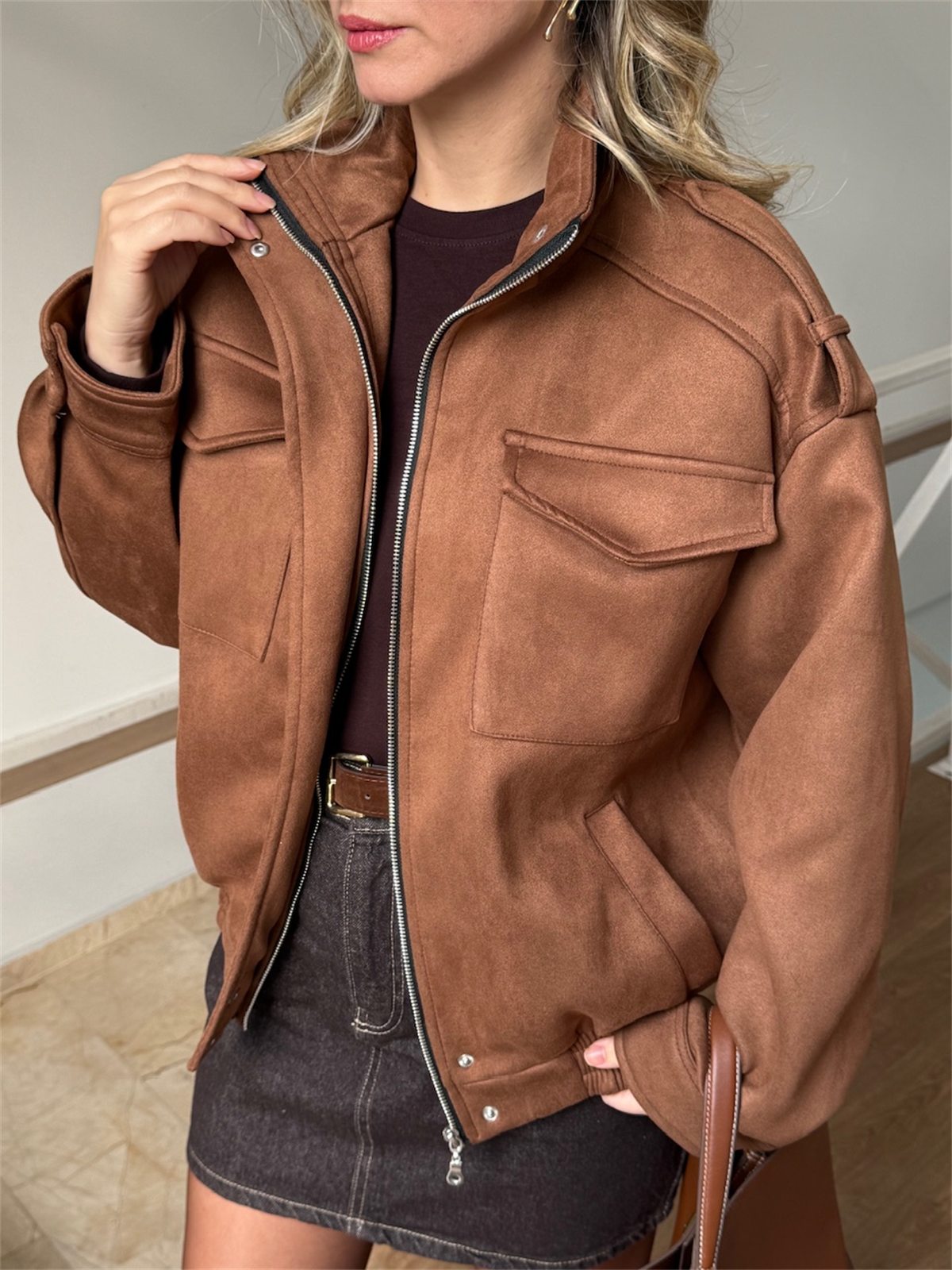 Beli Lastikli Cepli Bomber Süet Ceket - Kahverengi