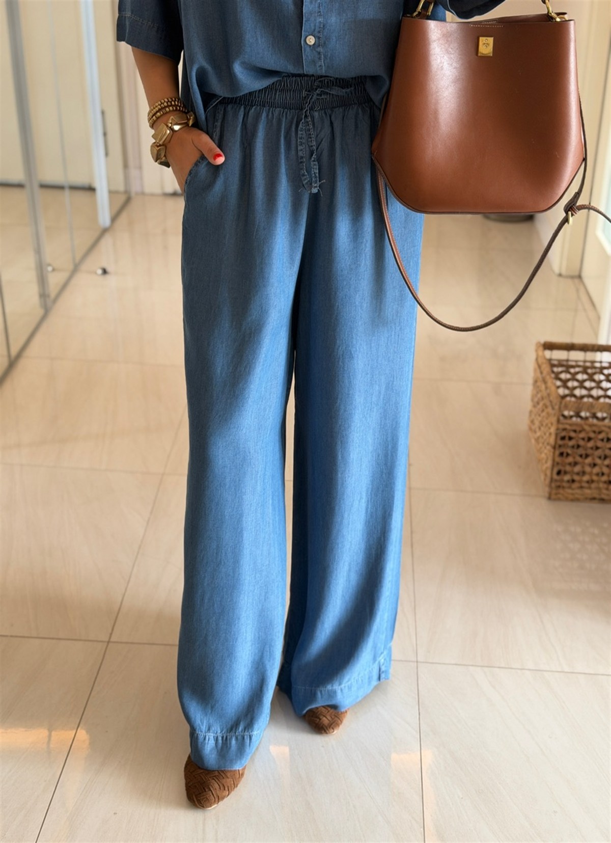 Yarım Kol Premium Tensel Denim Takım - Mavi
