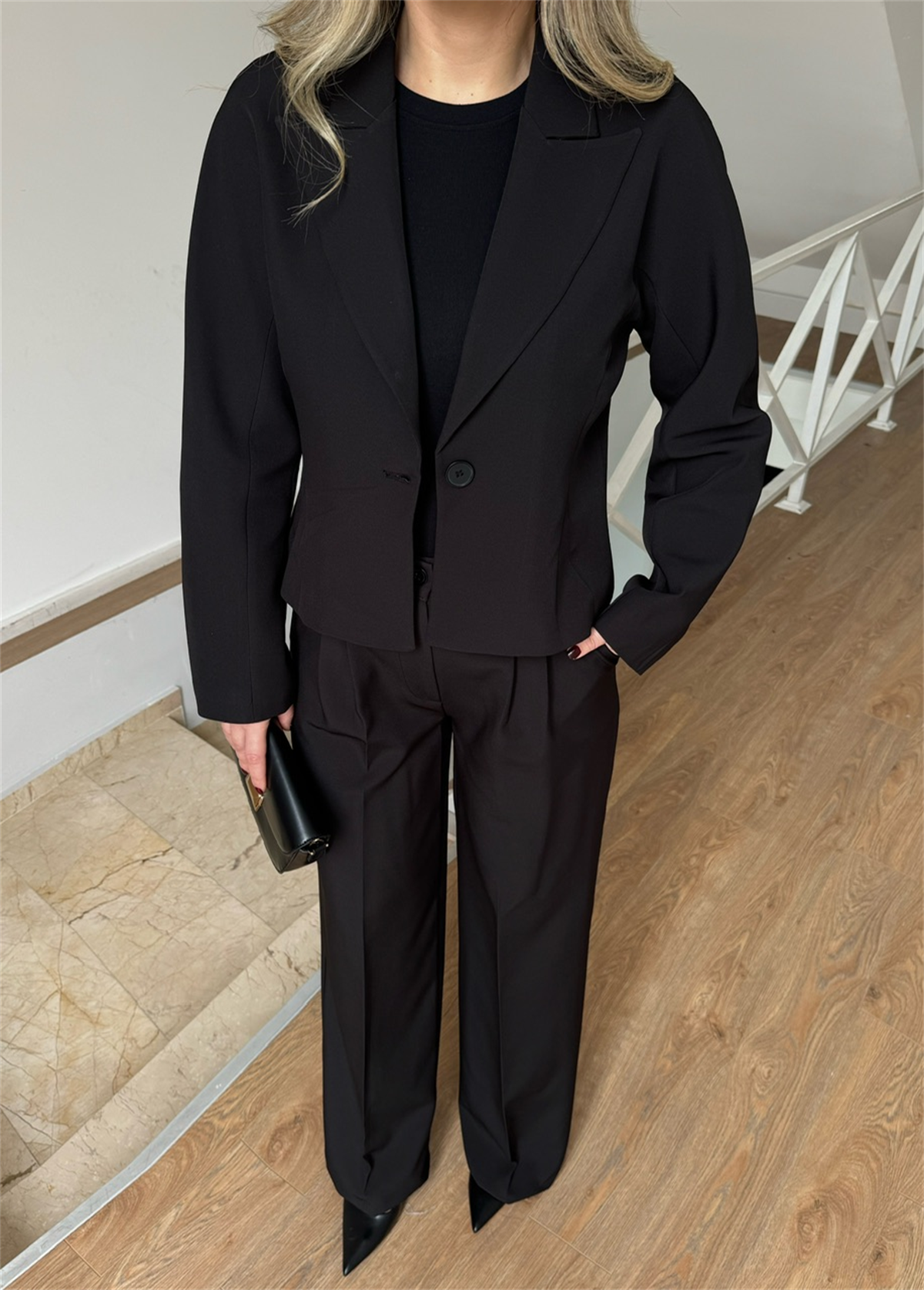 Kruvaze Yaka Kısa Pantolon Ceket - Siyah