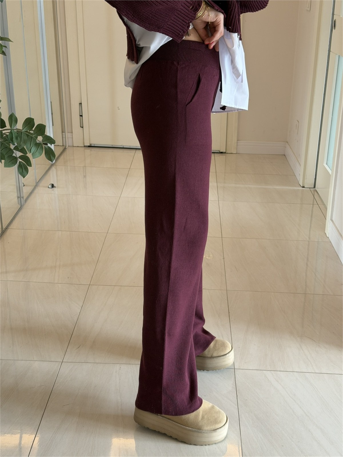 Poplin Detaylı Çift Fermuarlı Triko Takım-Bordo