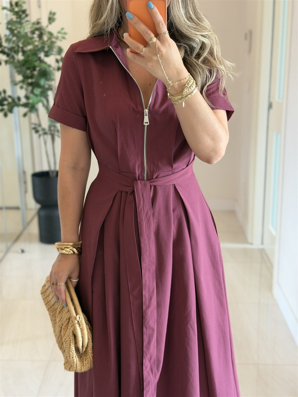 Önü Bağlama Detaylı Polo Yaka Cepli Poplin Elbise-Bordo