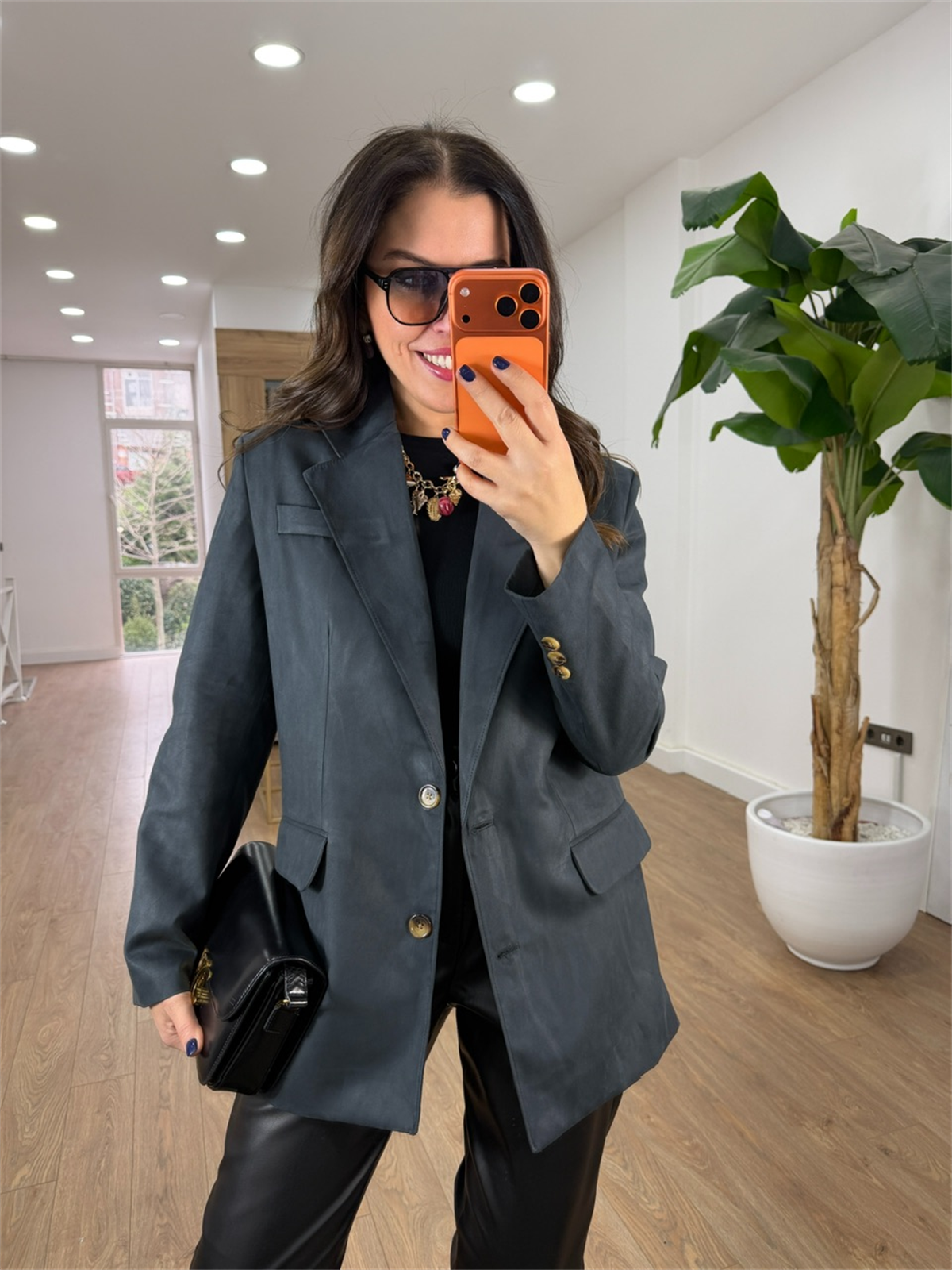 İki Düğmeli Süet Ceket - Füme