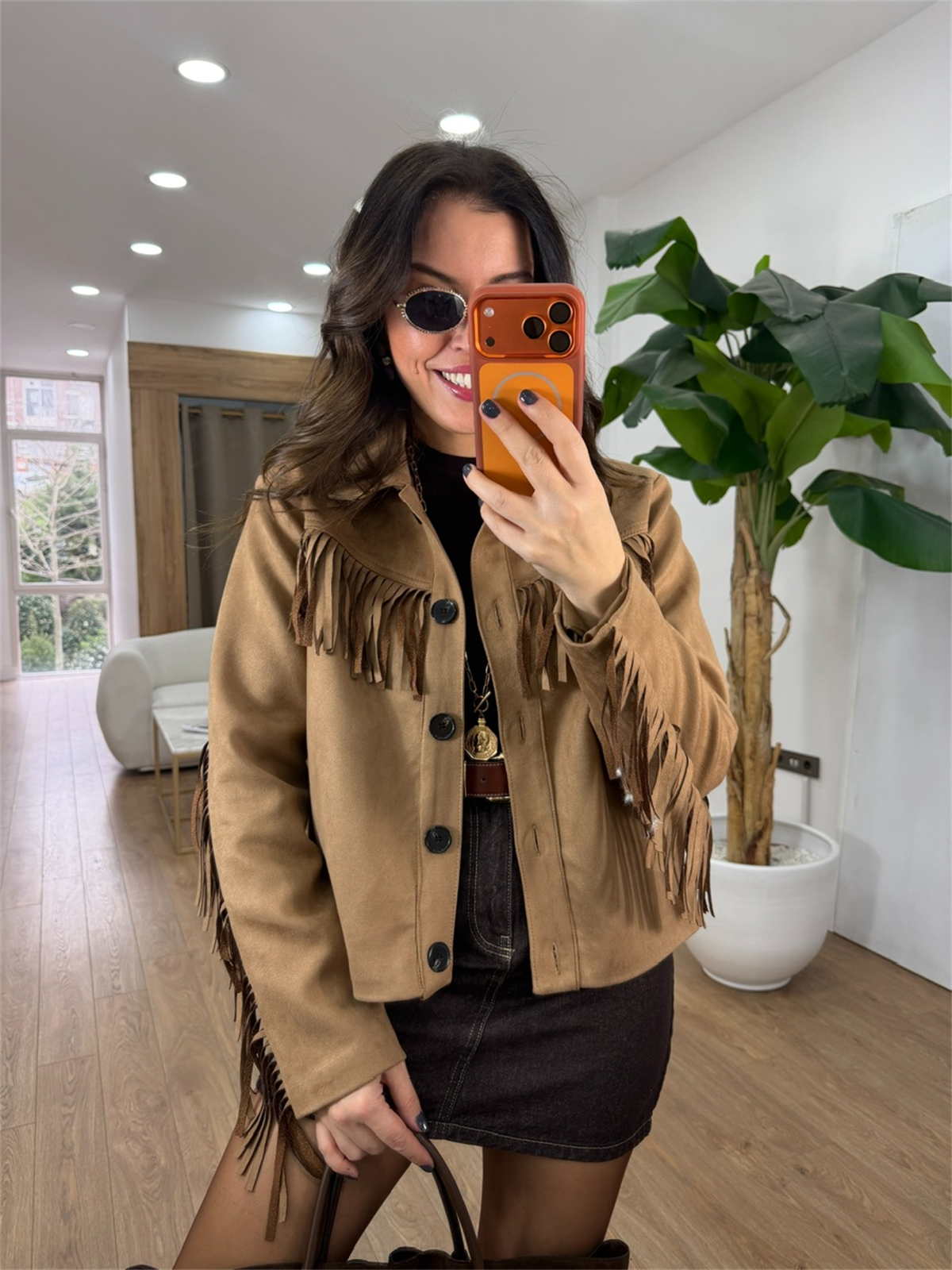 Düğmeli Püsküllü Süet Ceket - Bej 