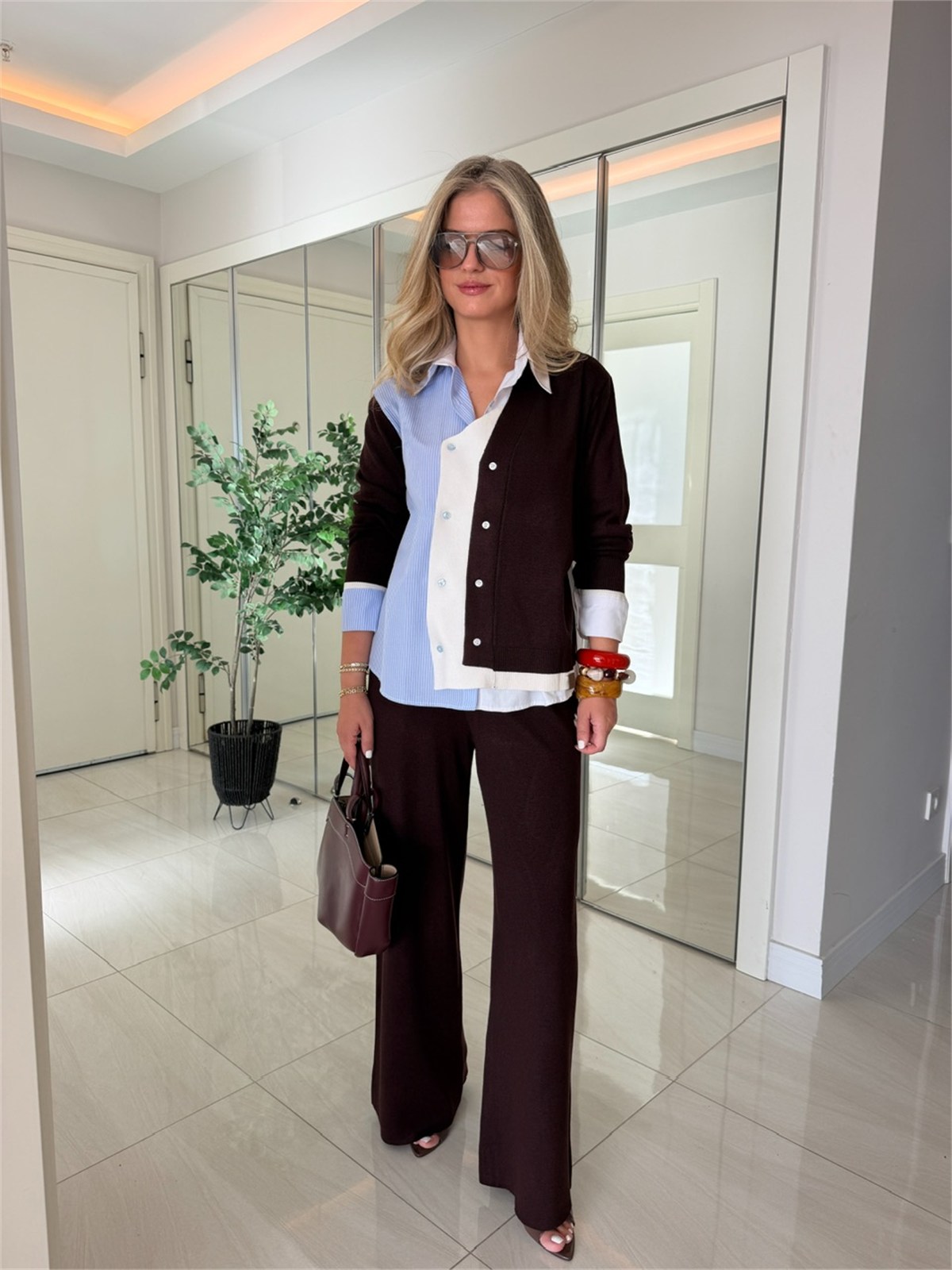 Orijinal Model Triko Garnili Tasarım Premium Gömlek - Mürdüm