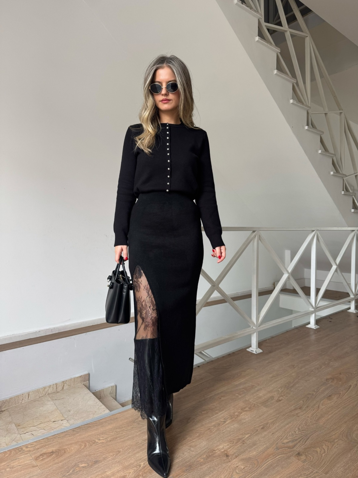 Dantel Detaylı Midi Triko Etek - Siyah