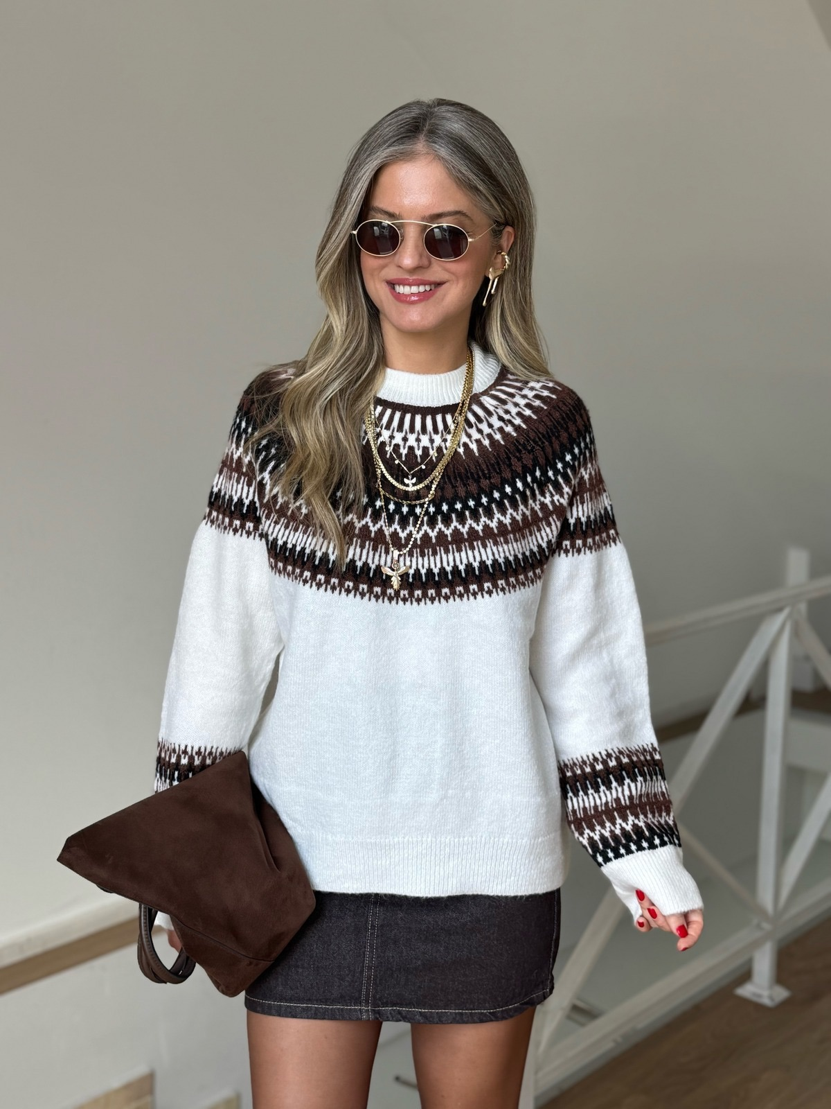 Bisiklet Yaka Jakarlı Desenli Kazak - Ekru 