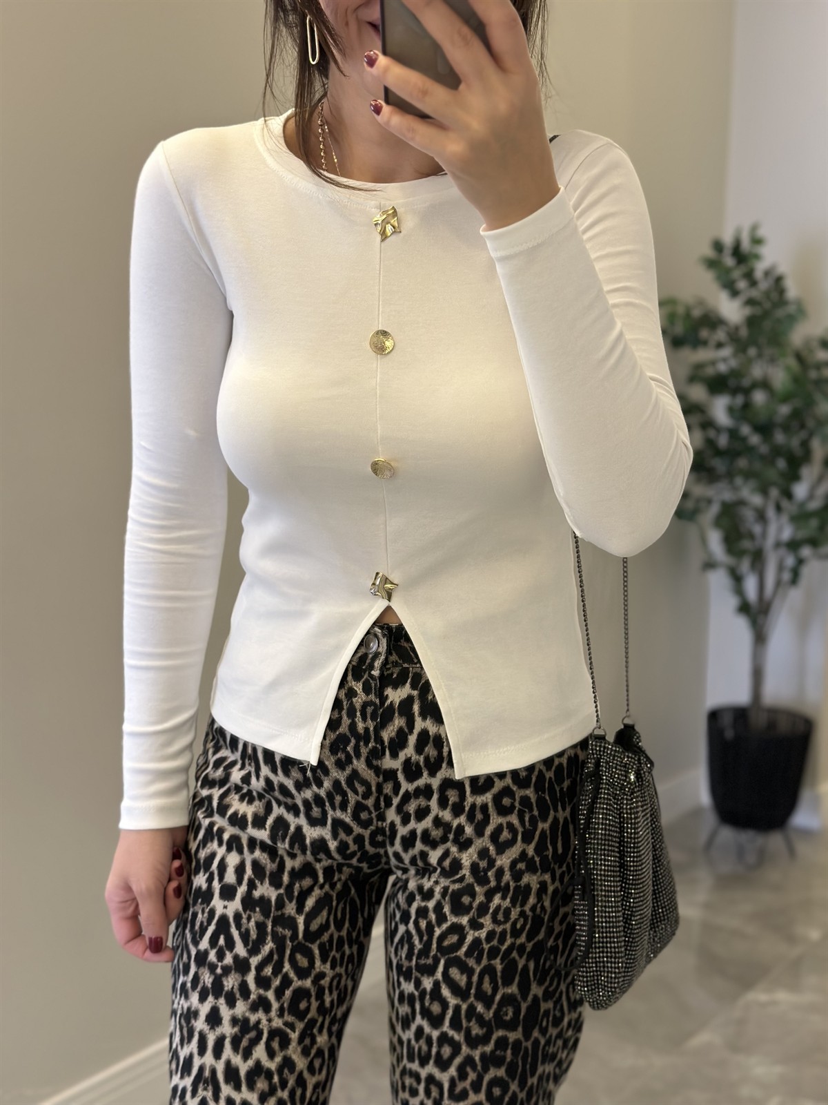 4 Düğmeli Basic Bluz - Ekru