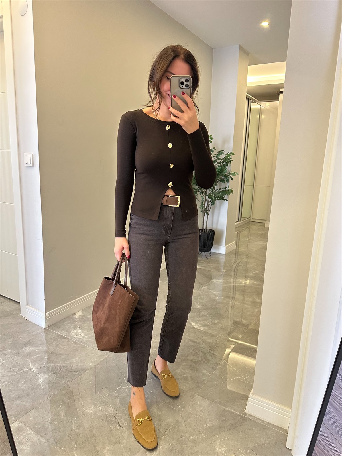 4 Düğmeli Basic Bluz - Kahverengi