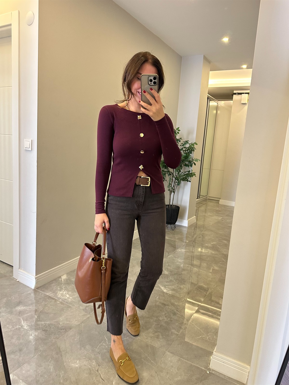 4 Düğmeli Basic Bluz - Mürdüm